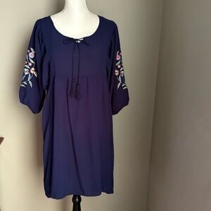 New Directions Women's Lined Dress Blue Size PL Embroidered Tassel Bell Sleeve